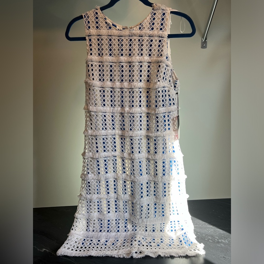 New with tags Vince Camuto Crochet fringe Blue/White Striped Dress